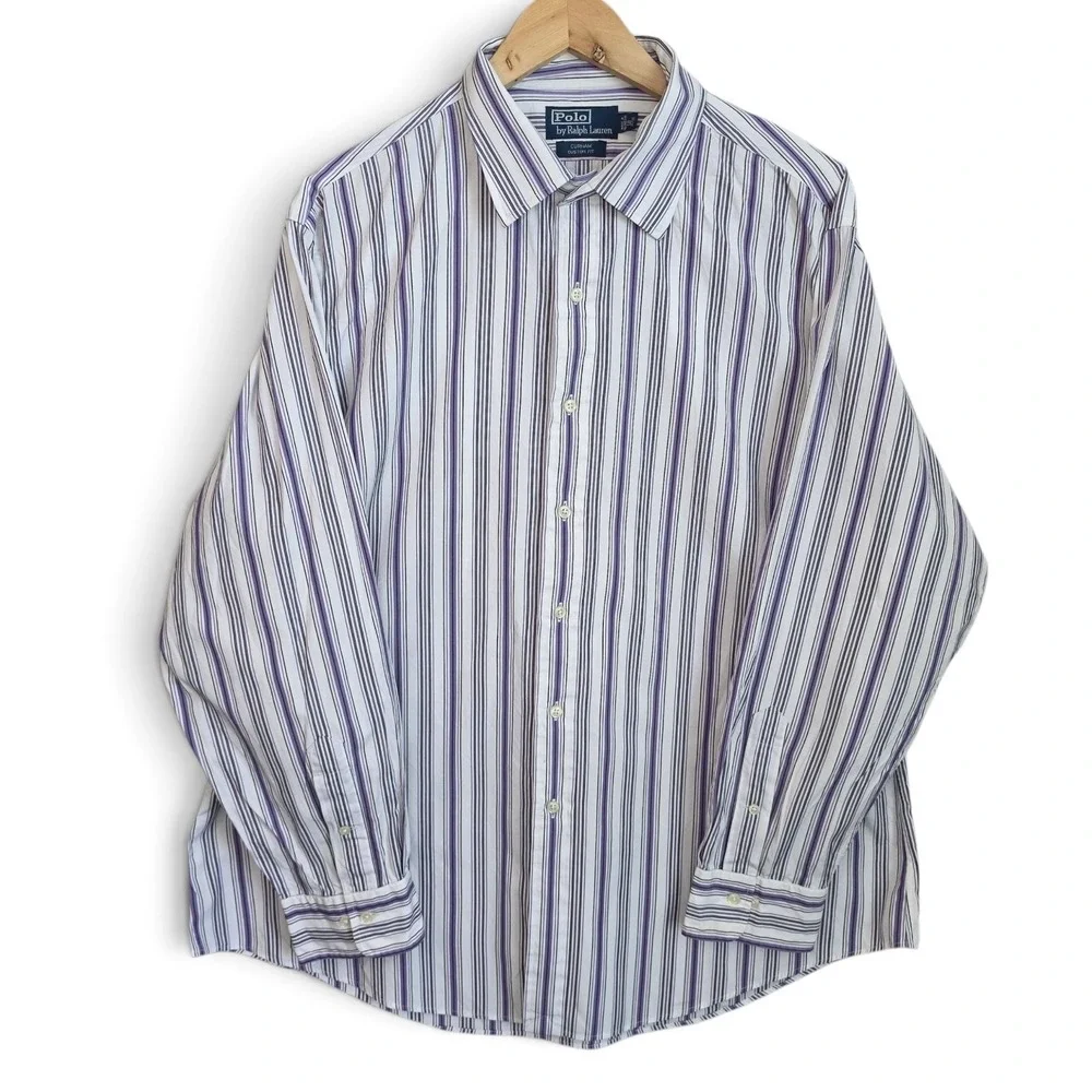 Polo Ralph Lauren Shirt 18 34/35 XL Curham Custom Fit Purple Stripe Button Dress